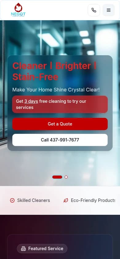 NEGOT Cleaning homepage at mobile width