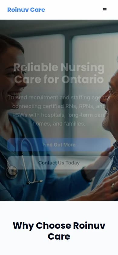 Roinuv Care homepage at mobile width