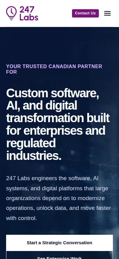 247 Labs homepage at mobile width