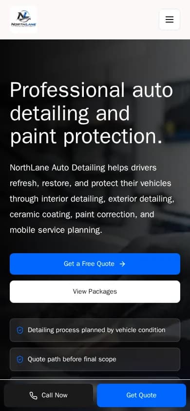 NorthLane Auto Detailing homepage at mobile width